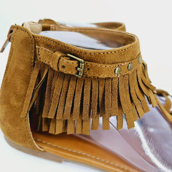 Indigo Rd Cross Fringe Sandals 8.5 Brown Ankle Cuff Zip Back Studs T Strap Boho - Picture 7 of 14
